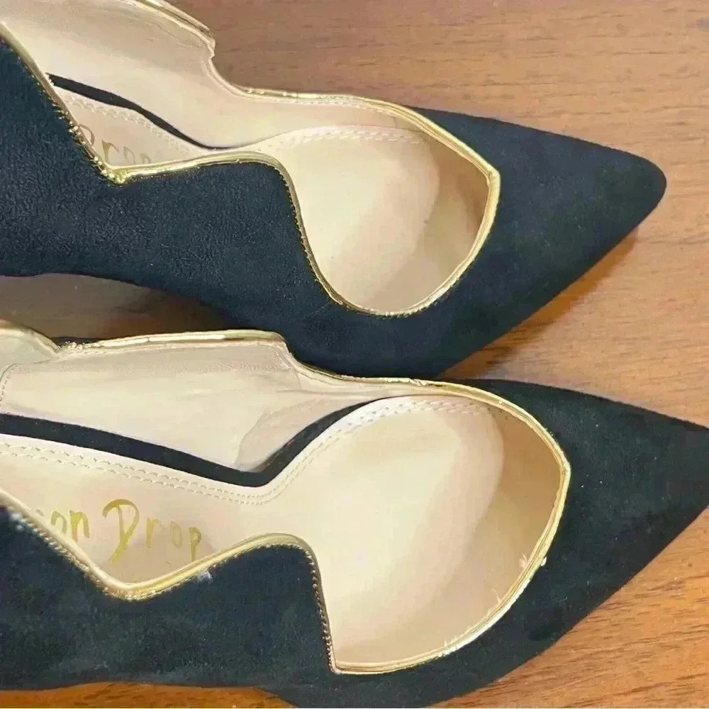 LEMON DROP BY PRIVILEGED BLACK HEELS GOLD TRIM SIZE 8.5 - Picture 11 of 15